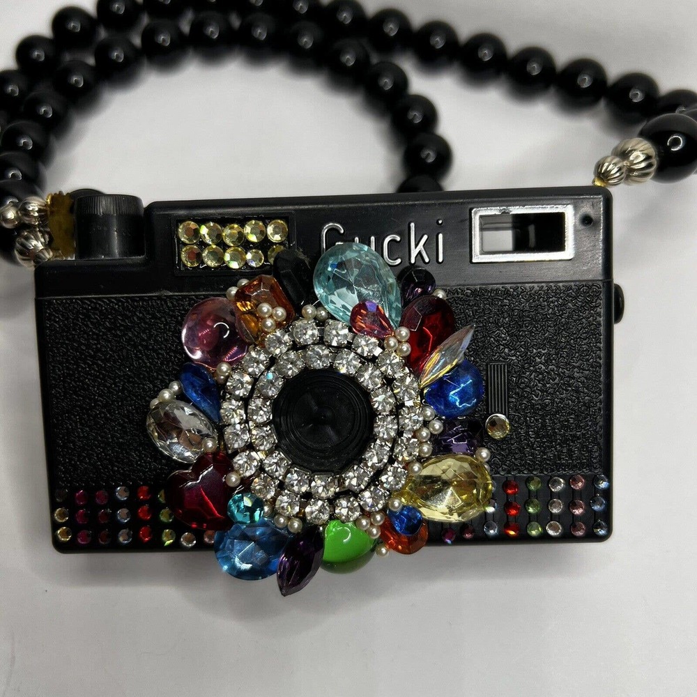 Very RARE Vintage Katrina Funky Rhinestone Camera Necklace 80's 90's Statement